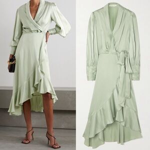 Zimmermann Asymmetric Ruffled Silk Midi Wrap Dress Sage Green 0 / US 4